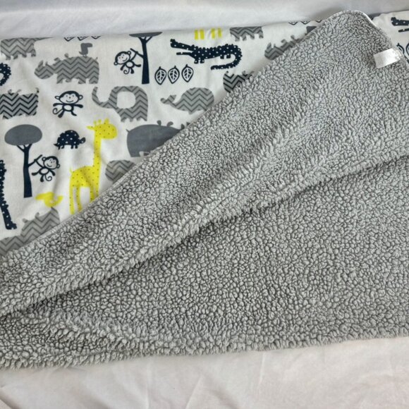 Gray Sherpa Minky Yellow Giraffe Monkey Rhino Baby Blanket 30 x 40 - Picture 6 of 7
